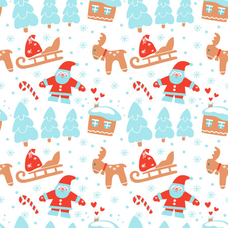 Hand drawn Christmas seamless pattern with house, fir-tree forest, deer, sled, Santa Claus snowflake on white background. Vector flat illustration. Design for textile, wrapping, wallpaper, packagingのイラスト素材