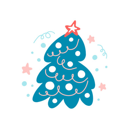 Hand drawn Christmas tree decorated with white balls and garlands, pink stars, blue dots isolated on white background. Vector flat illustration. Design for greeting card, banner, web, stickerのイラスト素材