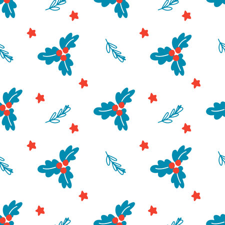 Hand drawn Christmas seamless pattern with Christmas branches, leaves and stars on white background. Vector flat illustration in Scandinavian style. Design for textile, wrapping, wallpaperのイラスト素材