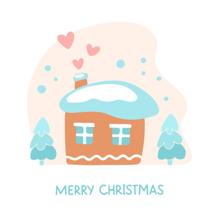 Hand drawn Merry Christmas clipart with house, snowflakes, hearts, trees on white background. Vector flat illustration. Design for greeting card, banner, web, sticker, posters, gift tags and labelsのイラスト素材