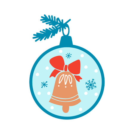 Hand drawn Merry Christmas clipart with toys, tree, bell, snowflakes on white background. Vector flat illustration. Design for greeting card, banner, web, sticker, posters, gift tags and labelsのイラスト素材