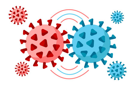 Virus cell mutations process vector illustration isolated on white background. New virus mutation of coronavirus, hantavirus, pandemic. Concept for health, medical design, landing pageのイラスト素材