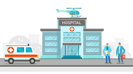 City hospital building with ambulance car, helicopter, male doctors in flat design. Medical concept. Vector illustration. Design for infographic resources, background, landing pageのイラスト素材