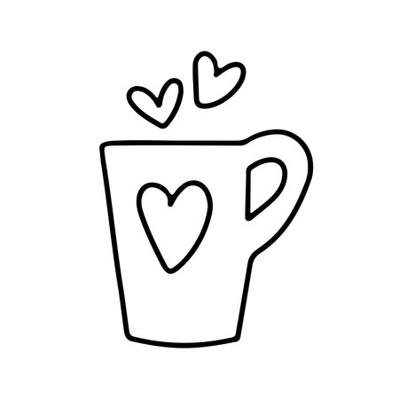Hand drawn Valentines day cup with hearts in doodle style isolated on white background. Vector outline illustration. Design for greeting card, banner, web, stickerのイラスト素材