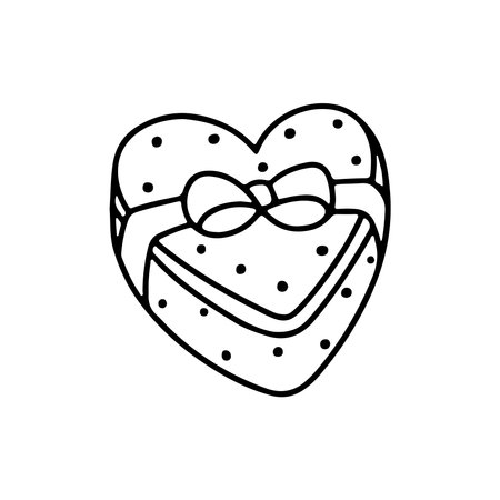 Hand drawn Valentines day gift heart box with bow in doodle style isolated on white background. Vector outline illustration. Design for greeting card, banner, web, sticker, coloring pagesのイラスト素材