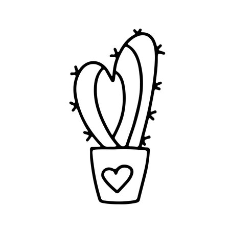 Hand drawn Valentines day cactus in pot with a heart in doodle style isolated on white background. Vector outline illustration. Design for greeting card, banner, web, stickerのイラスト素材