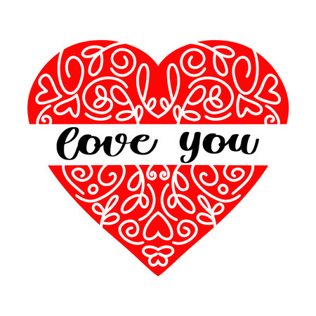 Hand written Love you quote with heart pattern frame isolated on white background. Happy Valentines day and weeding design greeting card. Vector doodle style illustration.のイラスト素材