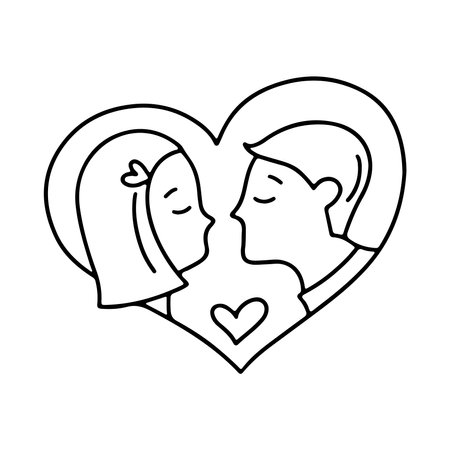Hand drawn man and woman Valentines day clipart heart in doodle style isolated on white background. Vector outline illustration. Design for greeting card, banner, web, stickerのイラスト素材