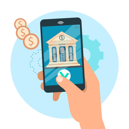 Mobile banking and online payment concept. Hand holding smartphone screen with bank, money, gears on blue background. Vector flat illustration. Online banking, finance and technology.のイラスト素材