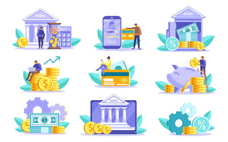 Vector flat icons colorful collection of finance, banking online isolated on white background. Mobile banking and online payment concept. Modern icons for mobile application, web concepts, bannerのイラスト素材
