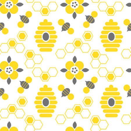 Honey seamless pattern with bee, flowers, beehive, honeycomb isolated on white background. Vector flat illustration. Design for wallpaper, wrapping, backdrop, textile, fabricのイラスト素材