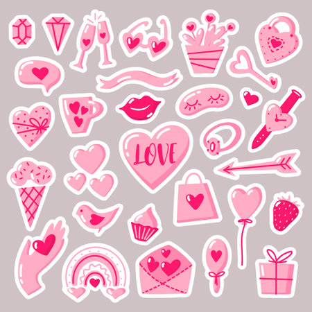 Hand drawn Pack of love stickers with Valentines day elements isolated on gray background. Love concept. Vector flat illustrations, sign, objects for planner and organizer, decorationのイラスト素材