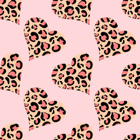 Abstract Hearts shaped Leopard skin seamless pattern isolated on pink background. Vector flat illustration. Design for wrapping, textile, wallpaper, backdrop, Valentines Day backgroundのイラスト素材