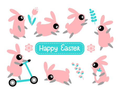 Set of Happy Easter bunny rabbit characters isolated on white background Vector cute flat illustration. Print for children's textiles, poster design, nursery.のイラスト素材