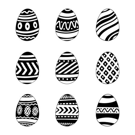 Hand drawn doodle icon set of Easter eggs with different pattern isolated on white background. Outline vector illustration. Design for celebration card, invitation, printのイラスト素材