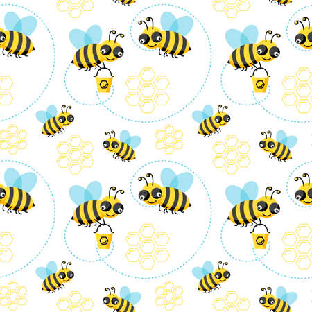 Bee seamless pattern with honeycomb isolated on white background. Vector flat illustration. Design...