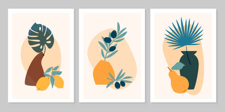 Hand drawn set abstract boho poster with tropical leaf, color vase, fruits isolated on beige background. Vector flat illustration. Design for pattern, logo, posters, invitation, greeting cardのイラスト素材