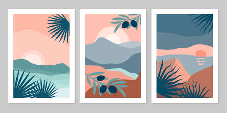 Set of abstract colorful landscape poster collection with sun, moon, star, sea, mountains, olive, palm. Vector flat illustration. Contemporary art print templates, backgrounds for social media.のイラスト素材