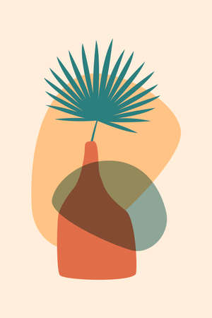 Hand drawn abstract boho tropical leaf with color vase and shape isolated on beige background. Vector flat illustration. Design for pattern, logo, posters, invitation, greeting cardのイラスト素材