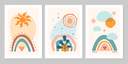 Hand drawn set abstract boho poster with rainbow, sun, moon, star, heart, plant, isolated on beige background. Vector flat illustration. Design for pattern, logo, posters, invitation, greeting cardのイラスト素材