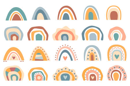 Hand drawn collection cute boho rainbows pastel color isolated on white background. Vector flat illustration. Design for baby shower, birthday, party, summer holiday, printsのイラスト素材