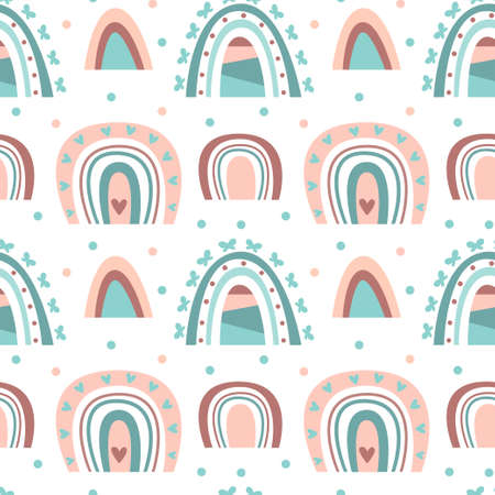 Hand drawn seamless pattern of cute boho rainbows pastel color isolated on white background. Vector flat illustration. Design for baby textile, wallpaper, wrapping, backdropのイラスト素材