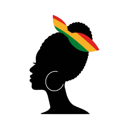 Juneteenth banner with silhouette afro woman and colorful flag isolated on white background. Vector flat illustration. Design for backdrop, poster, greeting card, flyerのイラスト素材