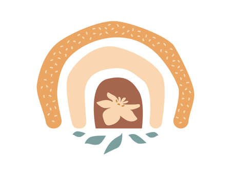 Abstract boho rainbow with flower, leaf, texture isolated on white background. Vector flat illustration. Scandinavian style clipart for modern prints, greeting cards, posters, wall art.のイラスト素材