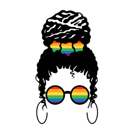 Young beautiful black woman with LGBT colorful glasses and hair decor isolated on white background. Vector flat illustration. Design for banner, poster, greeting card, flyerのイラスト素材