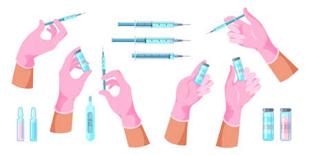 Doctor hands with syringe, bottle with vaccine making an injection for immunization treatment. Medicine, science and health care concept. Flat vector illustration set medical flu vaccination iconsのイラスト素材