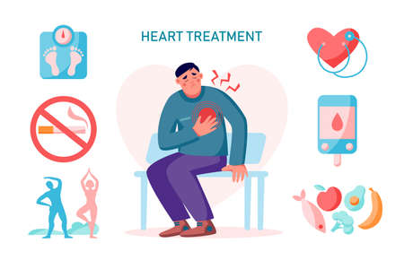 Heart treatment cardiovascular problem, infographics with man and heart pain. Healthy lifestyle concept. Vector flat illustration.Weight scale, heart, exercise, food, diabetes controlのイラスト素材