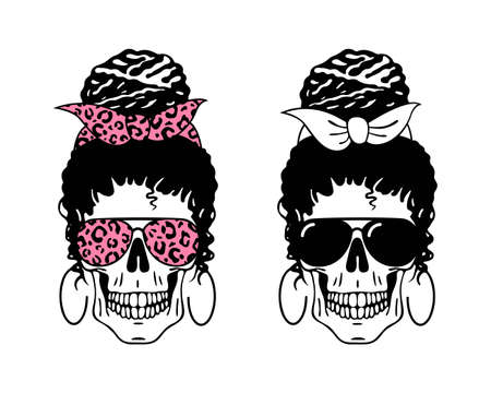 Woman skull set with sunglasses, bandana with leopard print isolated on white. Mom skull messy bun lifestyle. Vector flat illustration. Design for fashion, halloween card, printのイラスト素材