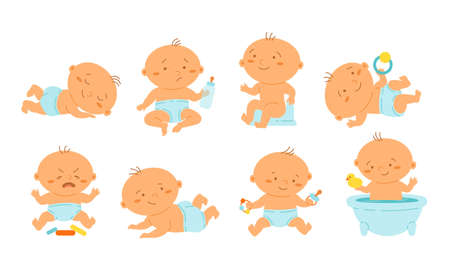 Set cute little baby boy in diaper in various poses with toy, bath, bottle, duck isolated on white background. First year baby collection. Vector flat illustration. Design for card, banner, webのイラスト素材