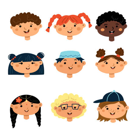 Hand drawn avatar set of smiling children faces with different color skin and hairstyle isolated on white. Multiethnic children collection. Vector flat illustration. design for card, banner, webのイラスト素材