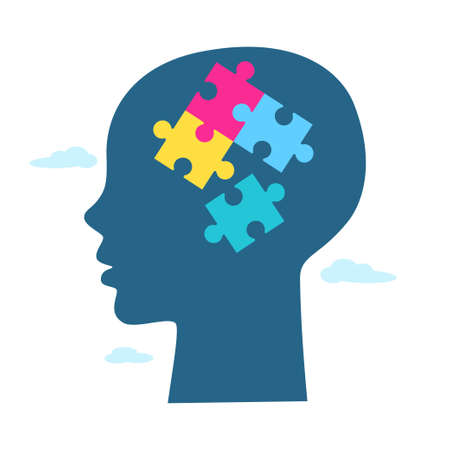 Child head silhouette with colorful puzzles, clouds isolated on white background. World autism awareness day. Health care concept. Design for infographic, banner, card.のイラスト素材