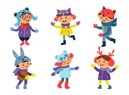 Cute multiracial boys and girls in animal hat costume fox, bear, deer, panda, bunny isolated on white background. Vector flat characters illustration. Design for party, invitation, birthdayのイラスト素材