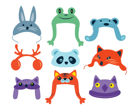 Cute of boys and girls animal hat costume fox, bear, deer, panda, bunny isolated on white background. Vector flat characters illustration. Design for party, invitation, birthdayのイラスト素材