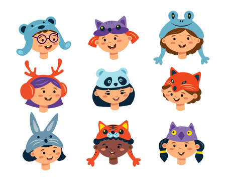 Cute multiracial boy and girl head in animal hat costume fox, bear, frog, deer, panda, bunny, tiger, owl isolated on white. Vector flat characters illustration. Design for party, invitation, birthdayのイラスト素材