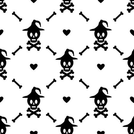 Seamless pattern with skull and crossbones, heart isolated on white background. Vector flat illustration. Design for Halloween backdrop, textile, wrapping, wallpaperのイラスト素材