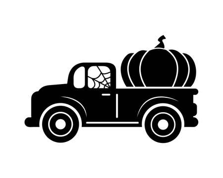 Halloween truck silhouette with pumpkins. Automobile with autumn harvest isolated on white background. Vector flat illustration. Design for banner, poster, sale, greeting cardのイラスト素材