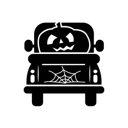 Halloween truck silhouette with pumpkins. Outline automobile with autumn harvest isolated on white background. Vector flat illustration. Design for banner, poster, sale, greeting cardのイラスト素材