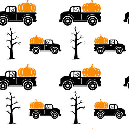 Seamless pattern with Halloween truck, pumpkin, tree isolated on white background. Vector flat illustration. Design for Halloween backdrop, textile, wrapping, wallpaperのイラスト素材