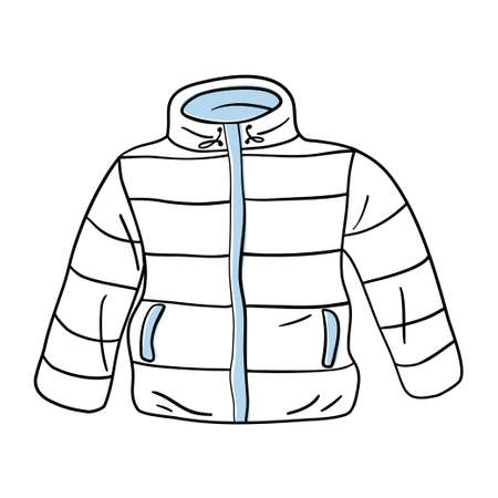 Hand drawn sketch of winter puffer jacket unisex isolated on white background. Vector doodle illustration. Design for sale banner, flyer, cardのイラスト素材