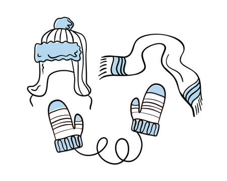 Hand drawn sketch set of winter casual warm clothes, scarf, hat, mittens, socks, boots, jacket isolated on white background. vector doodle illustration. Design for sale banner, flyer, cardのイラスト素材