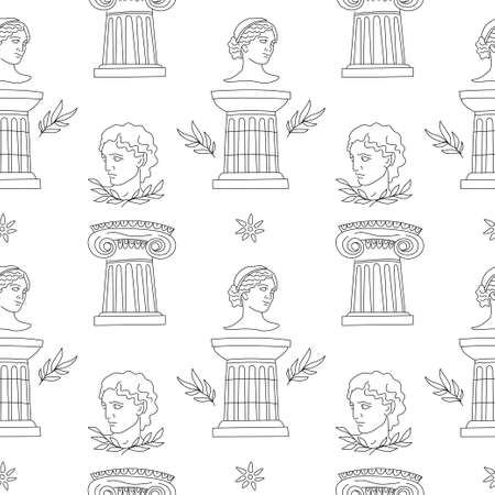 Hand drawn seamless pattern with ancient Greece elements, leaves, sculpture drawing, column isolated on white background. Vector outline illustration. Design for textile, wrapping, wallpaper, fabricのイラスト素材