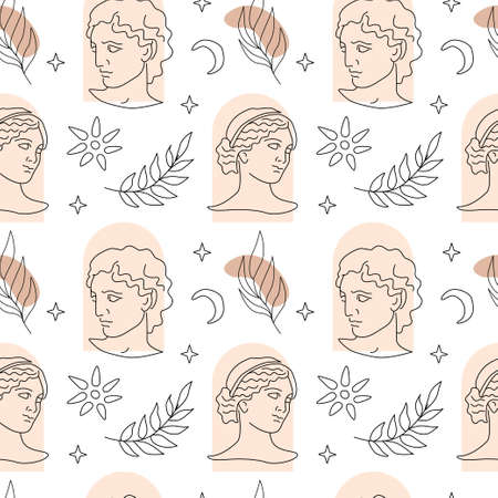 Hand drawn seamless pattern with ancient Greece elements, leaves, sculpture drawing isolated on white background. Vector outline illustration. Design for textile, wrapping, wallpaper, fabricのイラスト素材