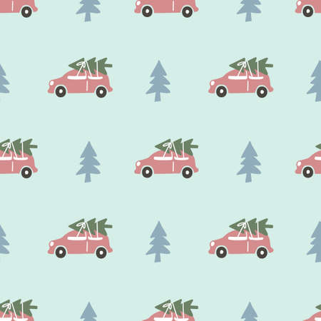 Holiday seamless pattern with pink car and Christmas tree on the roof isolated on green background. Vector flat illustration. Festive design for digital paper, textile, wrapping, wallpaper, packagingのイラスト素材