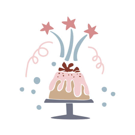 Hand drawn happy holiday cake with cream isolated on white background. Flat vector illustration. Design for greeting card for anniversary, wedding, birthday, children partyのイラスト素材