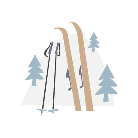 Hand drawn ski and ski pole, tree, hill isolated on white background. Vector flat illustration. Design for greeting card, poster, print, bannerのイラスト素材