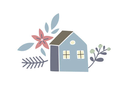 Hand drawn house with tree, decor, flower, berry isolated on white background. Vector flat illustration. Design for greeting card, poster, print, bannerのイラスト素材